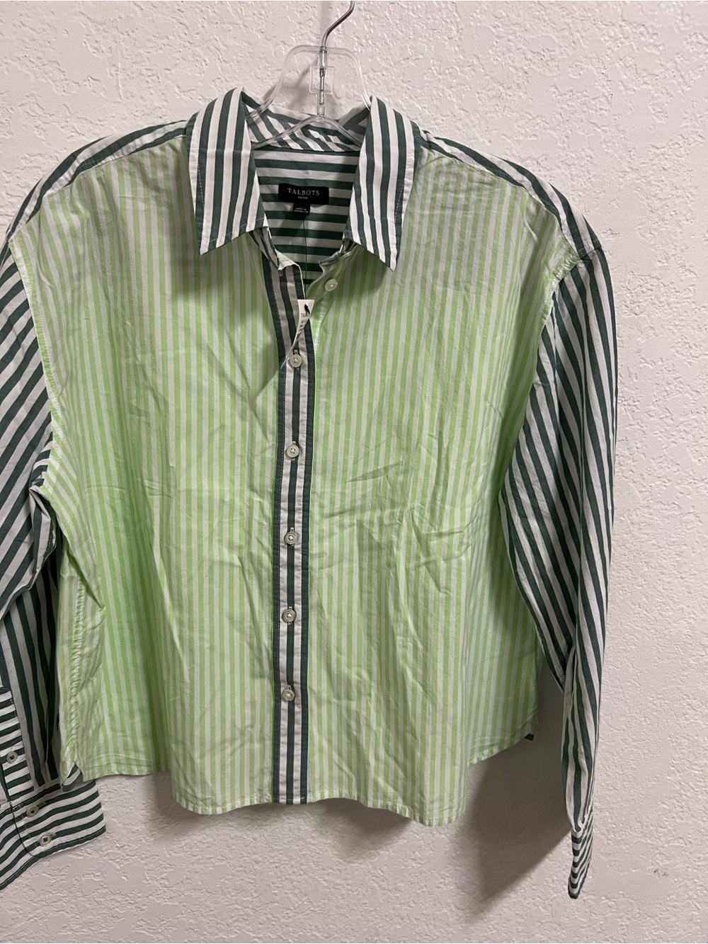Talbots Light Green and Dark Green Striped cropped women’s Button-Down Shirt